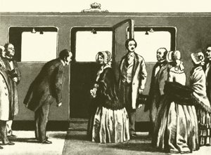 George Hudson, o Rei da Ferrovia, fazendo reverência à rainha Victoria e ao príncipe Albert, como eles são de English School